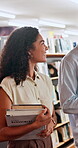 Walking, college and books with students in library for research project, education and teamwork. Study partner, learning and university research with people on campus for knowledge and future