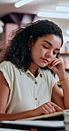 Woman, student and study with reading book in library for knowledge, research and information on project. Person, textbooks and exam preparation, university assessment and learning of academic growth