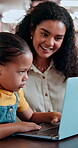 Teacher, help and child on laptop in library for knowledge, research and information for project. Woman, online lesson and student and study elearning, learning support and tutor for education growth