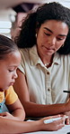 Writing, help and woman with girl, school and education with conversation, growth and creativity. Teacher, student and kid with book, knowledge and advice with child development, language and support