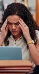 Woman, student and eye strain in library with laptop, stress and frustrated for exam. Person, headache and migraine at university campus for fatigue, tension and tired with research or assignment