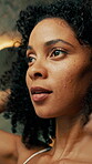 Home, bathroom and woman with check for hair care, texture or growth for keratin treatment. House, morning routine and female person with hands for afro volume, smile or cosmetics for curly hairstyle