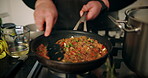 Hands, person and cooking food in kitchen for meal preparation, vegetable stew and catering small business. Chef, stir and nutrition cuisine with healthy ingredients, vegan recipe and culinary skills