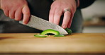Hands, chef and cutting board with pepper for cooking, cuisine and meal prep with organic ingredients. Person, knife  and vegetables for healthy food, recipe and nutrition for wellness at apartment