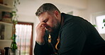 Stress, man and headache with cooking in kitchen for fatigue, pain and overwhelmed with catering order. Small business, chef and tension migraine in home for startup doubt, overworked and exhausted