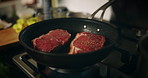 Stove, pan and cooking with meat for meal preparation, lunch or catering service at home. Empty, steak and heat with food, ingredients or frying for hospitality, dinner or delicious recipe at house