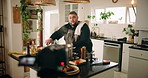Camera, cooking and man in kitchen with food, dinner or recipe online with content creation. Meal, recording and male chef influencer with equipment for live streaming with diet advice in home.