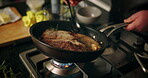 Recipe, hands and steak in frying pan in kitchen for dinner, meal preparation and sear beef cuisine. Chef, person and cooking meat with herbs for healthy ingredients, nutrition and lunch food in home
