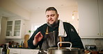 Cooking, home and man in kitchen, taste and food with healthy ingredients, wellness or culinary skills. Person, apartment or professional with nutrition, diet or lunch with gourmet, cuisine or dining