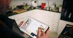 Person, hands and tablet screen with food website for online recipe, ingredients or menu in kitchen. Chef, technology and browsing with meal for dinner preparation, catering service or hospitality