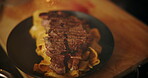Person, cooking and steak with sauce in kitchen for food presentation, nutrition and meal preparation. Chef, meat cuisine and pasta decoration of dinner recipe, dining aesthetic and catering service
