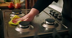 Home, hands and stove with fabric for cleaning, disinfection and responsibility for prevention of germs. House, person and cloth with appliance for washing bacteria, dirt and virus in apartment