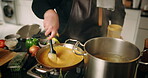Hands, person and cooking sauce for food with meal preparation, vegan diet and catering at house. Chef, mixing dish and nutrition cuisine with healthy ingredients, pasta recipe and culinary skills