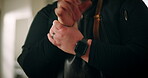 Wrist, cooking and hand with pain in kitchen with joint inflammation, arthritis or massage tension. Chef, man and tendinitis in home with discomfort, overworked or muscle fatigue from injury fracture