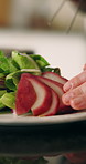 Cooking, plate and chef with presentation of food for culinary, meal prep and dinner in restaurant. Kitchen, catering and person with healthy ingredients for nutrition, gourmet dish or cuisine recipe