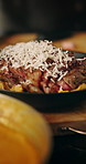 Cooking, plate and presentation of food in kitchen for culinary, meal prep and dinner in restaurant. Aesthetic, catering and chef with ingredients for nutrition, gourmet dish and cuisine recipe