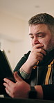 Stress, man and chef with tablet in house for cooking with recipe on mobile food application. Kitchen, digital technology and male culinary artist with research on tips, instructions and ingredients.