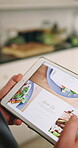 Hands, chef and screen with tablet in kitchen for about us, review website and search for cooking recipe. Person, digital and online with information, food tips and guide to prepare dinner at house