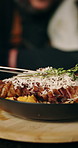Cooking, plate and chef with garnish on food for culinary, meal prep and dinner in restaurant. Kitchen, catering and person with presentation for nutrition, gourmet dish or cuisine recipe with meat