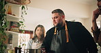 Cooking, couple and learning with chef in kitchen for demonstration or preparation of meal. Cuisine, culinary and recipe with people at counter in class for lesson on diet, health or nutrition