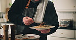 Man, hands and plating food with ingredients in kitchen for plate presentation, small business catering and fine dining. Cooking, chef and gourmet meal in home for dinner, nutrition and lunch service
