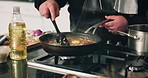 Hands, chef and stirring food in kitchen for cooking sauce, meal preparation and risotto recipe. Person, smell aroma and rice dish with culinary skills, nutrition dinner and gourmet cuisine at house