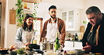 Cooking, couple and culinary school with chef in kitchen for course on meal preparation. Food, instructions and lesson with people learning in class for education in diet, health or nutrition