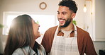 Cooking, laughing and love with couple in kitchen of home for preparation of meal or supper. Bonding, funny and romance with happy chef people in apartment for diet, healthy eating or nutrition