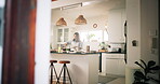 Woman, chef and cooking food in kitchen with meal preparation, vegan diet and nutritional lunch. Female person, dish and healthy ingredients for gourmet cuisine, wellness and culinary skills at house