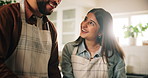 Cooking, help and smile with couple in kitchen of home for preparation of meal or supper. Bonding, love and teaching with chef people in apartment together for diet, healthy eating or nutrition