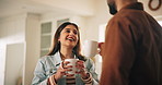 Conversation, coffee and couple in home in morning for bonding, love and connection together. Happy, talking and man with woman in home drink cappuccino, latte or espresso with talking and laughing.
