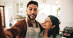 Face, love and selfie with couple in kitchen of home together for bonding, cooking or memories. Profile picture, smile or social media with man and woman hugging in apartment for online photography