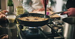 Hands, chef and stirring food in kitchen for cooking sauce, meal preparation and risotto recipe. Person, vegetables and rice dish with culinary skills, nutrition dinner and gourmet cuisine at house