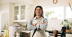 Arms crossed, cooking and face of woman in kitchen of home for preparation of meal or supper. Confident, food and smile of happy chef person in apartment for diet, healthy eating or nutrition