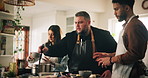 Cooking, couple and learning with chef in kitchen for demonstration of meal or supper. Ingredients, instructions and recipe with people at counter in class for diet, healthy eating or nutrition