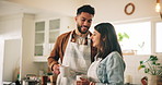 Conversation, coffee and couple in house in morning for bonding, love and connection together. Happy, talking and man with woman in home drink cappuccino, latte or espresso with talking and laughing.