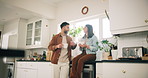 Conversation, coffee and couple in kitchen in morning for bonding, love and connection together. Happy, talking and man with woman drinking cappuccino, latte or espresso in apartment for relax.