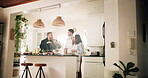 Couple, chef and explain in cooking food with instructions, meal preparation and demonstration. People, discussion and   advice with culinary lesson, teaching steps and professional guide for cuisine