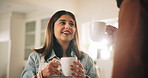 Talking, coffee and couple in home in morning for bonding, love and connection together. Happy, conversation and man with woman in home drink cappuccino, latte or espresso with talking and laughing.