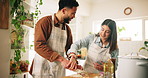Cutting, food and couple in kitchen together for healthy, wellness or diet dinner in home. Bonding, meal and man helping woman preparing supper with nutrition ingredients for date night in house.