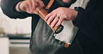 Chef, hands and spices on food in kitchen for seasoning, enhance flavor and plating presentation. Man, salt or meal ingredients for gourmet dish, healthy recipe or catering service for small business