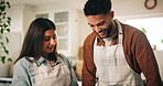 Cooking, love and smile with couple in kitchen of home for preparation of meal or supper. Bonding, food and romance with happy chef people in apartment together for diet, health or nutrition