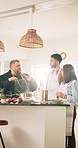 Man, chef or cooking lesson with couple in kitchen for hospitality course or session at home. Male person, professional or teacher with team or interns for culinary art, food tips or meal preparation