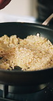 Cooking, stove and hands of chef with rice for culinary skills, gourmet recipe and meal prep for dinner. Catering, restaurant and person with ingredients for cuisine, healthy dish and nutrition
