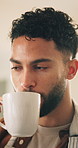 Man, face and drinking coffee, happy with conversation and communication, laughing and beverage on break. Talking, chat and funny story with male person, caffeine or hot chocolate for thirst in home