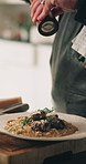 Person, hands and chef with seasoning on food in kitchen for cooking meal, hospitality or catering service. Closeup, sprinkle or dish with plate, ingredients or spice for recipe, dinner or cuisine