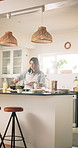 Cooking, kitchen and woman in home with meal, dinner or supper for diet, wellness or health. Nutrition, culinary and female chef preparing food for lunch with vitamins, recipe or ingredients.