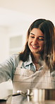 Cooking, happy and woman in kitchen in home with meal, dinner or supper for diet, wellness or health. Nutrition, laugh and female chef preparing food for lunch with vitamins, recipe or ingredients.