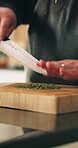 Cooking, hands and knife with person in kitchen of home for cuisine or meal preparation. Cutting, ingredients and recipe with chef at counter in apartment for diet, health or nutrition closeup
