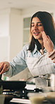 Woman, chef and cooking with smell in kitchen for meal, hospitality or catering service at home. Female person, steam or aroma with pan, ingredients or flavor for fresh sense, fragrance or food broth